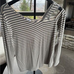 CAbi Gray and Cream Striped Cold Shoulder Dare Tee. Small.